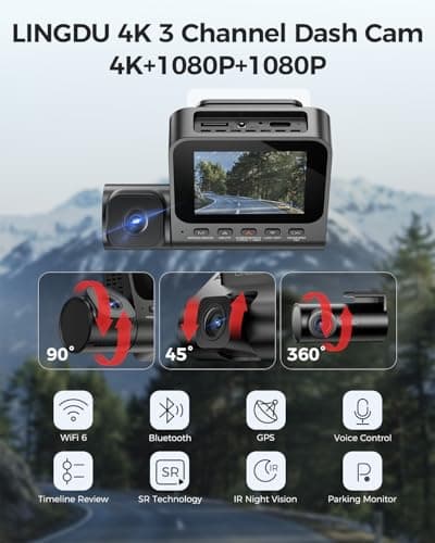 LINGDU 3 Channel 4K Dash Cam, Dash Camera for Cars, 4K+1080P+1080P Front Inside and Rear Triple Car Camera, Built-in WiFi 6 GPS, 24H Parking Mode, WDR Night Vision, Free 64GB Card V630 Dash Cam - Thumbnail 2