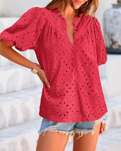 BTFBM Womens Blouses Summer Hollow Out Eyelet Embroidery Tops V Neck Buttons Puff Sleeve Boho Shirts Spring Fashion 2026(Red, Large) - Thumbnail 3