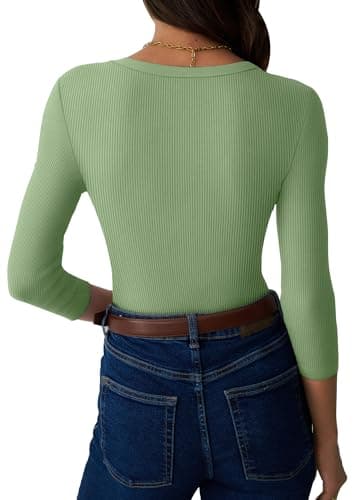 GKBK Womens 3/4 Sleeve Ribbed Tops Fitted Stretch Casual Crewneck Basic Tee Shirts Tight Layering 2025 Fall Fashion Outfits Light Green - Thumbnail 4