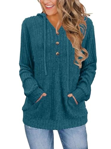 XMTOPYE Sweaters for Women Long Sleeve Hoodies with Buttons Early Fall Fashion Winter Clothing Teal Blue - Image 1