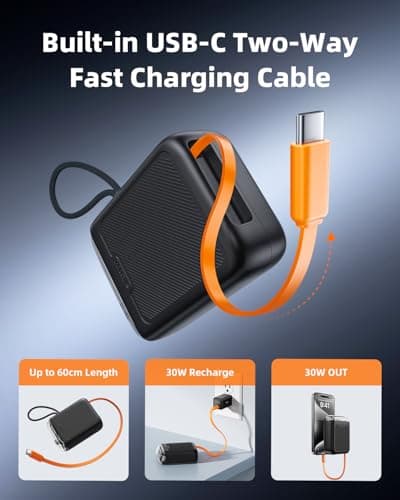 Innostyle Two-Way Charging Power Bank, Built-in Retractable Cables, Dual Device Charging, Travel Essential Phone Power Bank, Compatible with iPhone 17 Pro Max, Samsung, iPad (Black) - Thumbnail 2