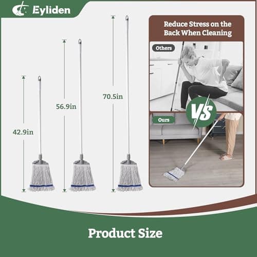 Eyliden Commercial Wet Mop with 2 Cotton Heads, Universal Clips, Heavy Duty Industrial String Mop for Floor Cleaning in Warehouse Garage Workshop Office Restaurant Hospital - Thumbnail 6