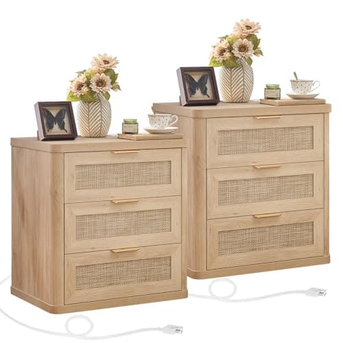 LEYAOYAO Rattan Night Stand Set of 2 with Charger Station, 23" Large 3 Drawer Boho Nightstand, Natural Wood Bedside Table Storage Cabinet, Bed Side End Tables for Bedroom, Living Room, Hallway - Image 1