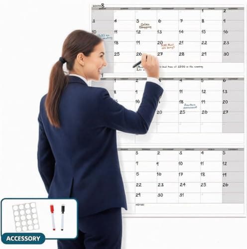 46" x 63" Dry Erase Wall Calendar - Undated 3-Month Agenda Planner Calendar, Erasable and Reusable Whiteboard with Large Daily Boxes, Notes, Stickers, Vertical Layout for Office, Classroom, or Home