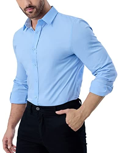 ZAFUL Blue Button Down Shirt Men Slim Fit Long Sleeve Stretch Collared Shirt Cotton Wrinkle Free Button Up Mens Tops Blue XX-Large - Thumbnail 2