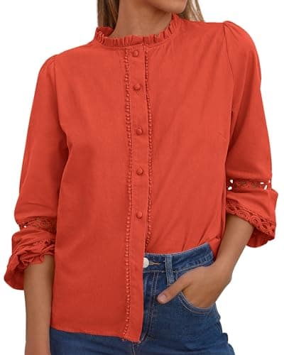KIRUNDO Going Out Tops for Women 2026 Spring Fashion Boho Cotton Eyelet Long Sleeve Button Up Shirt Lace Dressy Casual Blouse(Orange, XX-Large) - Image 1