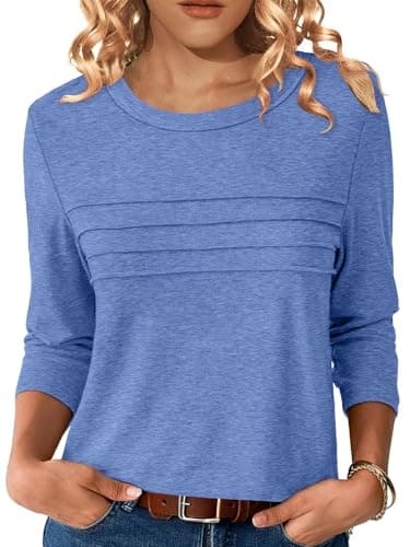 NORACORA 3/4 Sleeve Tops for Women T Shirts Dressy Casual Spring Fall Outfits Pleated Front Shirts Round Neck Casual Tunic Basic Tee Tops Blue S - Image 1
