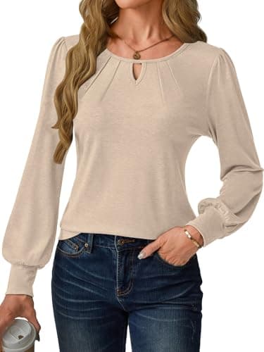 GKBK Womens Long Puff Sleeve Tops Dressy Business Casual Blouses Basic Loose Fit Round Neck Work Shirt Pleated Keyhole Cute Comfy 2025 Fall Winter Fashion Clothing Outfits Beige Small - Thumbnail 4