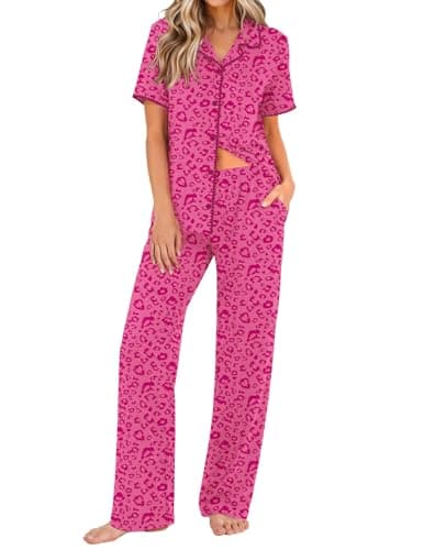 Ekouaer Women's Pajama Sets Button Down Loungewear Short Sleeve Sleepwear 2 Piece Pants Pjs Set with Pockets Rose Leopard L - Image 1