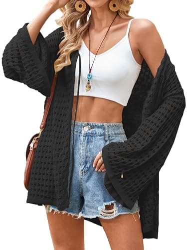 Angashion Women's Crochet Cardigan Sweaters Lightweight Knitted Long Batwing Sleeve Hollow Out Tie Front Boho Beach Cover Up Black M - Image 1