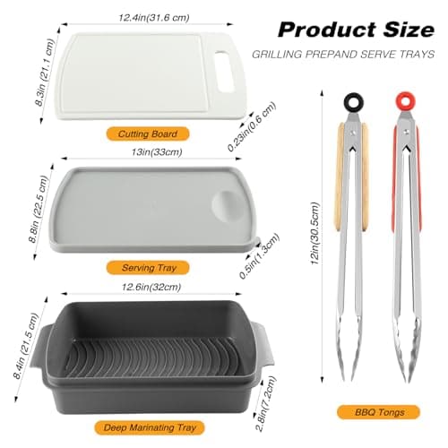Sunmei Grill Prep and Serving Trays, 3-in-1 Stackable BBQ Food Tray, 5PCS BBQ Serving Set with Marinating Container, Serving Platter, Cutting Board and 2PCS Colored 12-Inch Grill Tongs (Gray) - Thumbnail 2
