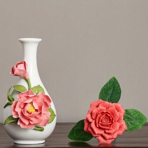Handmade Pinched Flowers Ceramic Vase with One Ceramic Rose Flower, Home Decor Ceramic Vase for Dining Table, Living Room, Kitchen, Bedroom, Shelf, Office, Coffee Table, Restaurant & Fireplace Mantel