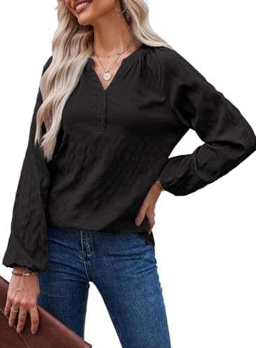 Dokotoo Long Sleeve Shirts for Women 2026 Spring Fashion V Neck Casual Blouses Dressy Ladies Textured Shirts Black Teacher Outfits Blouses Oversized Black Button Down Shirts Large - Image 1