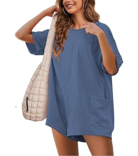 NILOINE Summers Romper for Women Oversized Casual Athletic Workout Cute Beach Romper Shorts Jumpsuit Outfits(2-Bluegrey,Medium) - Image 1