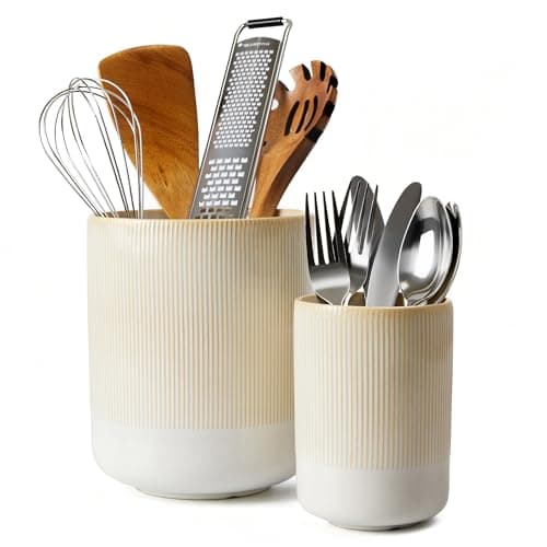 Pokini Utensil Holder, 7.3"+5.3" Ceramic Cooking Utensil Holder for Kitchen Counter, Kitchen Utensil Holder for Countertop, Farmhouse Heavy Large Utensil Crock Organizer for Spatulas, Spoons, Beige