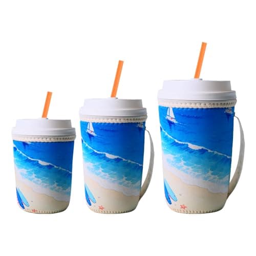 josake Iced Coffee Sleeve - Reusable Insulated Neoprene Cup Sleeve for Cold Drinks Keeps Drinks Cold & Hands Dry, Fit Most Standard Tumblers (Coastal Vibe, medium：22-24oz)