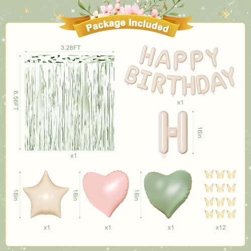 Pink and Sage Green Birthday Decorations, Pink Green Sand White Metallic Gold Foil Confetti Balloons Happy Birthday Banner Gold Butterfly Fringe Curtains Birthday Decorations for Women Girls Teens - Thumbnail 6