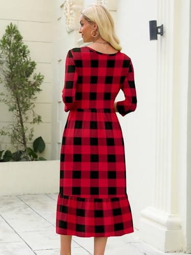Heymoments Women Dress Crewneck 3/4 Sleeves Red Plaid Medium Wedding Guest A line Casual Flowy Swing Party Vintage Spring Fall Winter Beach Travel 2026 Long Midi Dresses with Pockets - Thumbnail 3