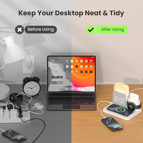 Alarm Clock with Wireless Charger for Bedrooms, 6 in 1 Wireless Charging Station, Magnetic Charger with Night Light Bedside Clock for iPhone 16 15 14 13 12 Pro Max, Apple Watch, AirPods - Thumbnail 5