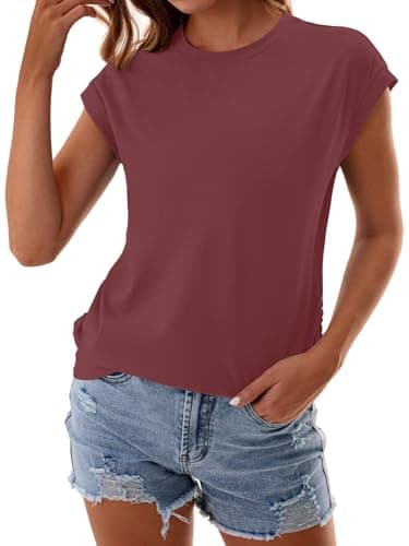 GKBK Womens Summer Tops Ruched Cap Short Sleeve Tshirts Business Fashion Trendy Clothes Outfits Coral S - Thumbnail 4
