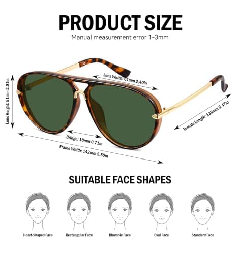 LOOMAKA Oversized Aviator Sunglasses for Women, Trendy Retro 70s Flat Top Shades, Gold Metal Double Bridge Design with UV400 Protection for Driving & Vacation - Thumbnail 5