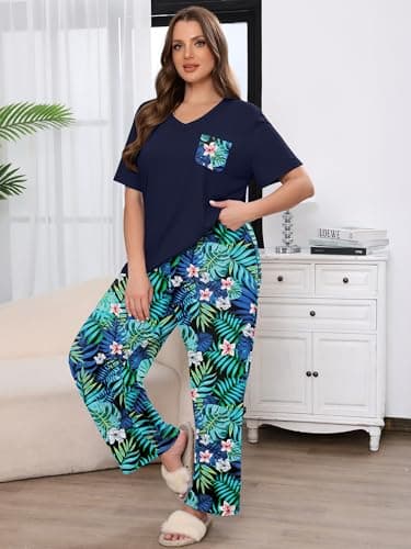 AusLook Plus Women Pajamas Set 2 Piece Lounge Sets Short Sleeve Top and Full Length Pant Chest Pocket Matching Maternity Christmas Print Black Jungle Blooms 2X Pjs Loungewear Sleepwear - Thumbnail 2