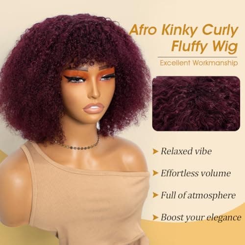 JOEDIR HAIR Human Hair Wig Afro Kinky Curly Fluffy Wig for Black Women Wear and Go Wig with Bangs Glueless Wigs 250% Density (99J, 10 inch) - Thumbnail 2