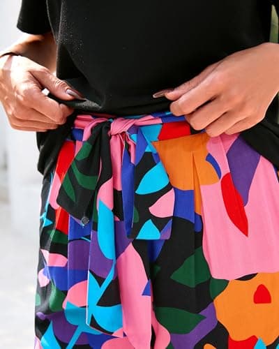 PRETTYGARDEN Women Summer 2 Piece Outfits 2026 Short Sleeve Knit Top Floral Print Belted Wide Leg Pant Sets With Pockets(Floral Black Multicolored,XX-Large) - Thumbnail 4