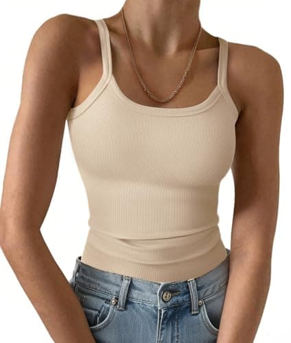 GKBK Ribbed Tank Tops for Women Spaghetti Strap Scoop Neck Slim Fitted Basic Sleeveless Casual Workout Cami Shirts Beige XS - Image 1