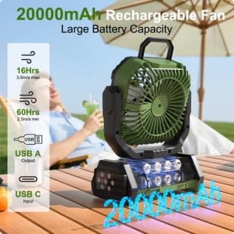 Honesorn Portable Rechargeable Fan 20000mAh, Camping Fan with LED Light & Remote, USB C Cordless Battery Powered, 4 Speeds Timer Hanging Hook for Travel Tent Outdoor Essentials - Green - Thumbnail 2