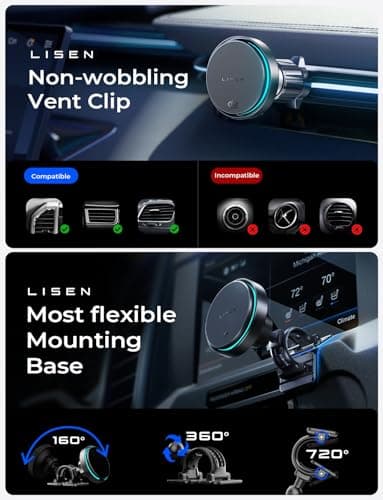 LISEN for Qi2.2 25W MagSafe Car Mount Charger，[Top Spec with Cooling Fan＆95W Fast Adapter] Wireless Car Charger 25W Galaxy S26 Ultra Car Charger Fast Charging for iPhone 17 Pro Max Air 16-12 Series - Thumbnail 5