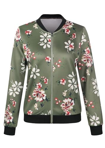 ECOWISH Women's Casual Floral Zip Up Bomber Jacket Coat Lightweight Short Camo No Lining Outwear Tops Windbreaker with Pocket 333Army Green-1 Large - Thumbnail 6
