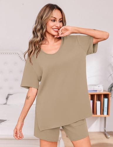Totatuit Women's Short Set 2 Piece Summer Outfits Oversized U Neck T-Shirt Shorts Set with Pockets Casual Loose Lounge Sets for Airport Travel Khaki Small - Thumbnail 3