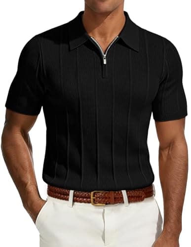 PJ PAUL JONES Casual Shirts for Men Textured Polo Shirt Short Sleeve Quarter Zip Stretch Knit Polo Regular Fit Black M - Image 1
