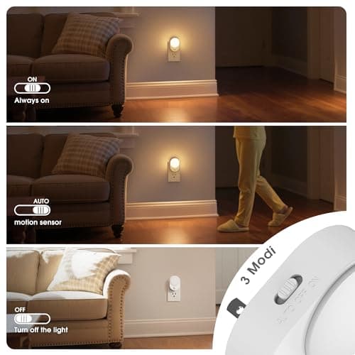 JandCase LED Motion Sensor Night Light, 2 Pack, Motion Activated Sensor Night Lights Plug into Wall, 3000K Warm White, Dimmable Nightlight with Dusk to Dawn Sensor for Kids Bathroom Hallway Bedroom - Thumbnail 3