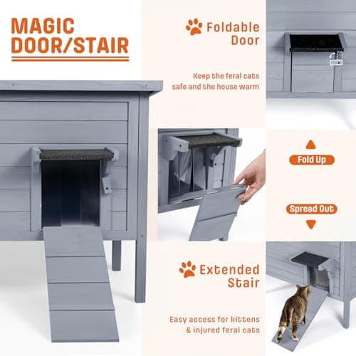 BRIOPAWS Outdoor-Cat-House-Insulated | Feral-Cat-Shelter for Winter | Weatherproof | Large Wooden Pet House for Multiple Cats | Foldable Ladder | Acrylic Side Window | Grey - Thumbnail 3
