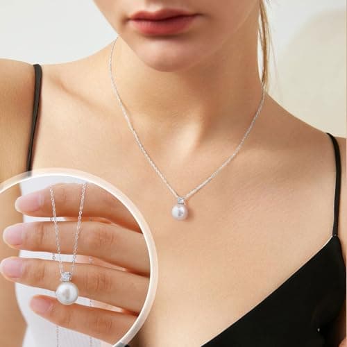 Juvux Necklaces for Women Pearl Pendant Necklace-S925 Sterling Silver Necklace 10mm Pearl Trendy Charm Jewelry for Women Gifts for Anniversary Wedding Birthday (CZ Silver) - Thumbnail 6