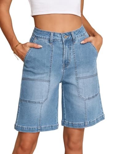 Sidefeel Shorts for Women High Waisted Stretchy Wide Leg Jeans Shorts Trendy Loose Fit Bermuda Summer Shorts with Pocket Iceland Blue Size 6 - Image 1