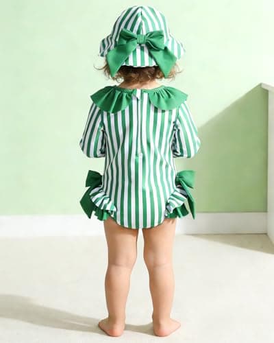 JiAmy Toddler Baby Girls One Piece Swimsuit Long Sleeve Zip Up Bowknot Swimwear Bathing Suit Rash Guard with Sun Hat Set Green 0-3 Months - Thumbnail 3