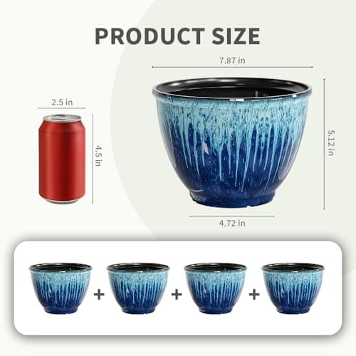 Flower Pots, 8 Inch Plastic Plant Pots for Plants, Set of 4 Planter for Indoor Outdoor Plants with Drainage Hole, Sleek Small Nursery Planting Pot for Home Garden Outdoor Planters(Blue Glaze) - Thumbnail 2