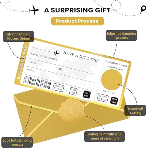 Golden Ticket Scratch Off with Envelopes and Seal, Golden Scratch Off Cards for Air Ticket Gift, Gold Surprise Gifts Tickets for Valentine's Day Birthday Girlfriends Vacation Couple Dating etc - Thumbnail 2