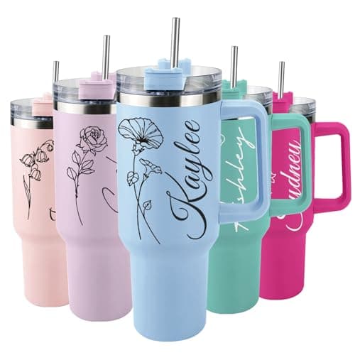 Elemtansy Personalized 40 Oz Tumbler with Handle and Straw, Custom Cup with Name & Birth Flower, Stainless Steel Travel Coffee Tumbler,Personalized Mothers Day Birthday Gifts for Women, Teen Girls - Image 1