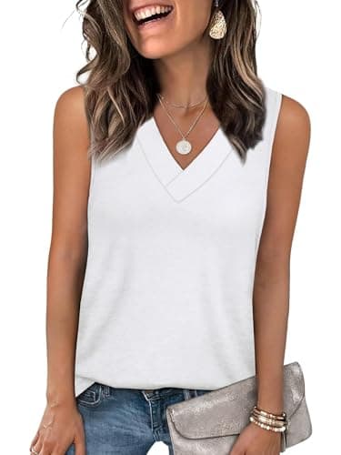 YESTTO Tank Tops for Women Summer V Neck T Shirts Sleeveless Tops Casual Loose Fit Basic Tees Women Blouses 2026 Fashion White