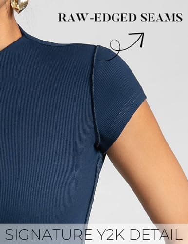 Womens Cap Sleeve Tops, Mock Neck Raw Hem Summer Shirts, Ribbed Y2K Going Out Crop Top, Trendy Fitted Tshirts(Navy, L) - Thumbnail 4