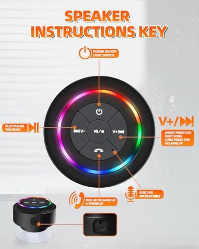 Waterproof Bluetooth Shower Speaker, Portable Wireless Speaker with Suction Cup, Small Portable Wireless Outdoor Speakers, 6 Mode RGB Lights, for Shower Bathroom Pool Beach, Gift Ideas for Christmas - Thumbnail 6
