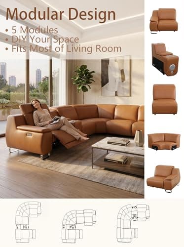 Power Reclining Sectional Sofa Set, Modular L shape Leather Couch Reclining for living room, Home Theater, with Storage Console, Bluetooth Audio, USB & Wireless Charging, Living Room Furniture Set - Thumbnail 5