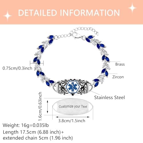 Blue & White Leaf CZ Medical Alert Bracelet for Women | Dynamic QR Code or Custom Engraved ID Jewelry | Emergency Contact Allergy Health Info Stainless Steel & Copper Adjustable Wristband (Text Engraving) - Thumbnail 5