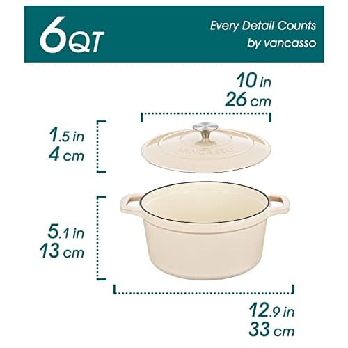 vancasso Cast Iron Dutch Oven, 6 QT Round Pot with Lid and Dual Handles, Non Stick Enamel Coating for Bread Baking, White - Thumbnail 2