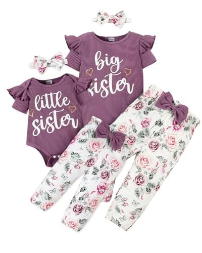 FAMIHAO Big Sister Little Sister Matching Outfits Rib Knit Ruffle Short Sleeve T-Shirt Floral Pants Headband Toddler Girl Clothes 3Pcs,1-2Y Purple&White - Image 1