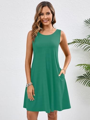Heymoments Women Summer Dress Malachite Green Medium Sleeveless Crewneck Casual Cute Loose Fitting Tank Sundress Comfy Swing Midi Flowy A Line Trendy Beach Vacation Teacher Dresses with Pockets - Thumbnail 2
